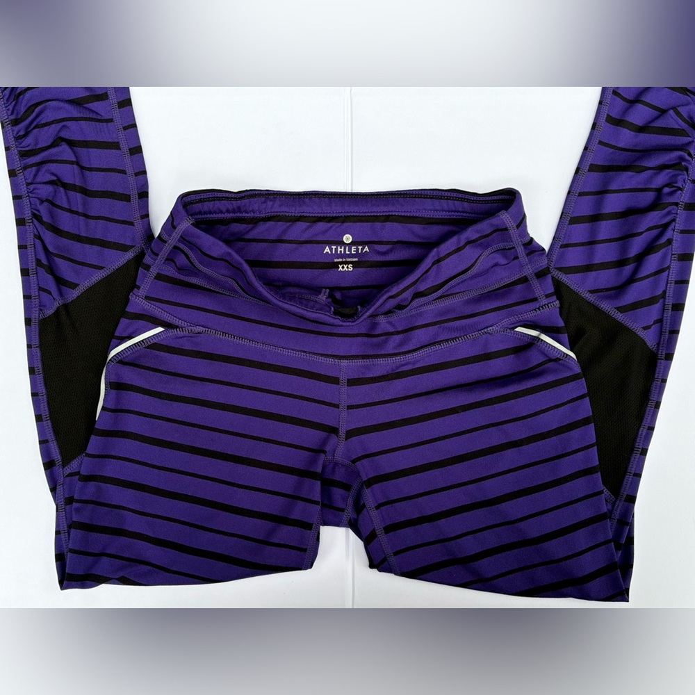 ATHLETA Purple Black Striped Ruched Bottom Leggings